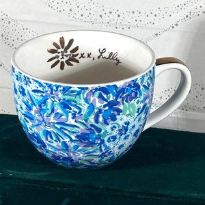 Lilly Pulitzer Blue Floral Large Ceramic 12 oz Coffee Mug Tea cup gold trim